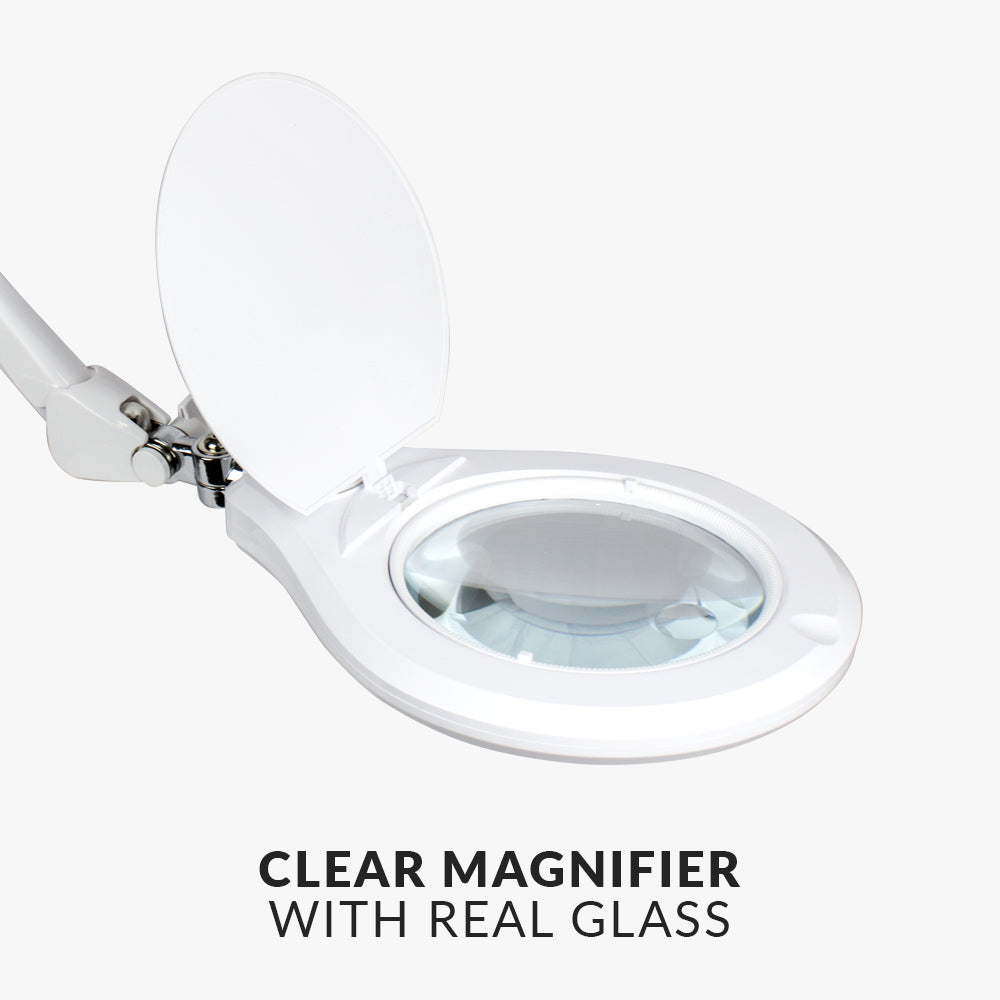 6" Glass Lens Elite Magnifying Lamp with Clamp – Glare-Free, Non-polar Dimming for Reading, White