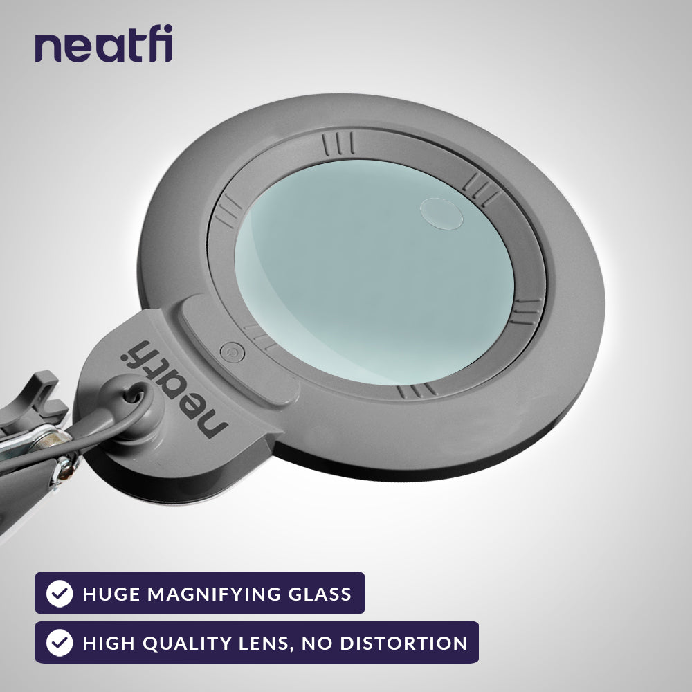 7” Wide Acrylic Lens LED Magnifying Lamp with Clamp – 1600 Lumens, Dimmable for Close Works, Silver