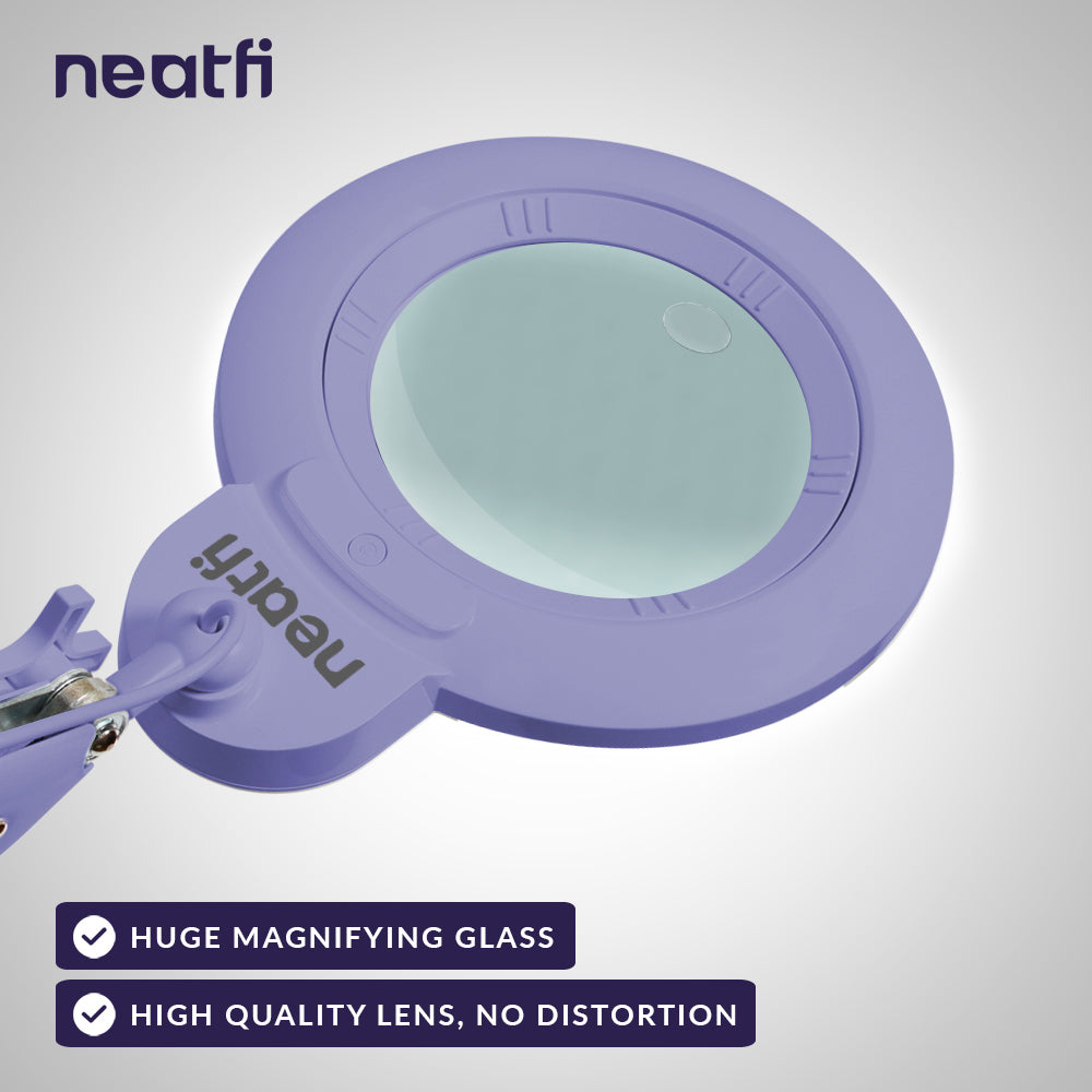 7” Wide Acrylic Lens LED Magnifying Lamp with Clamp – 1600 Lumens, Dimmable for Close Works, Lavender