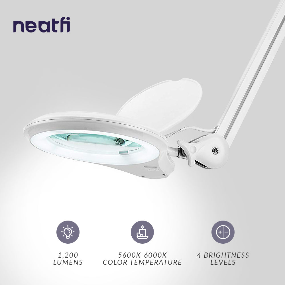 5" Wide Bifocals Lens – 1200 Lumens LED Magnifying Lamp for Crafts & Detail Works, Clamp Mount, White