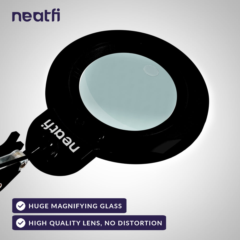 7” Wide Acrylic Lens LED Magnifying Lamp with Clamp – 1600 Lumens, Dimmable for Close Works, Black