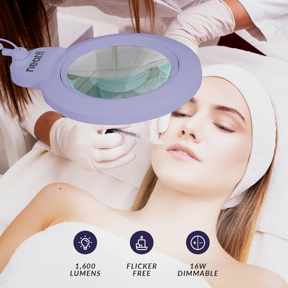 7” Wide Acrylic Lens LED Magnifying Lamp with Clamp – 1600 Lumens, Dimmable for Close Works, Lavender