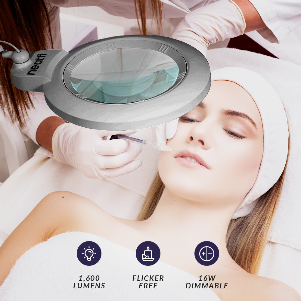 7” Wide Acrylic Lens LED Magnifying Lamp with Clamp – 1600 Lumens, Dimmable for Close Works, Silver