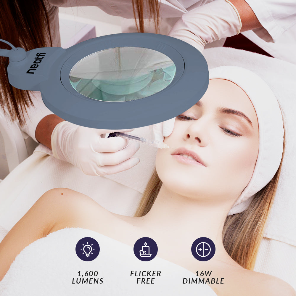 7” Wide Acrylic Lens LED Magnifying Lamp with Clamp – 1600 Lumens, Dimmable for Close Works, Gray