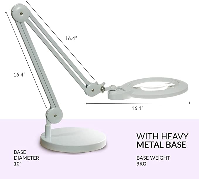 7” Wide Acrylic Lens LED Magnifying Lamp with Base – 1600 Lumens, Dimmable for Close Works, White