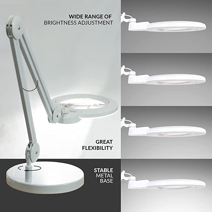 7” Wide Acrylic Lens LED Magnifying Lamp with Base – 1600 Lumens, Dimmable for Close Works, White
