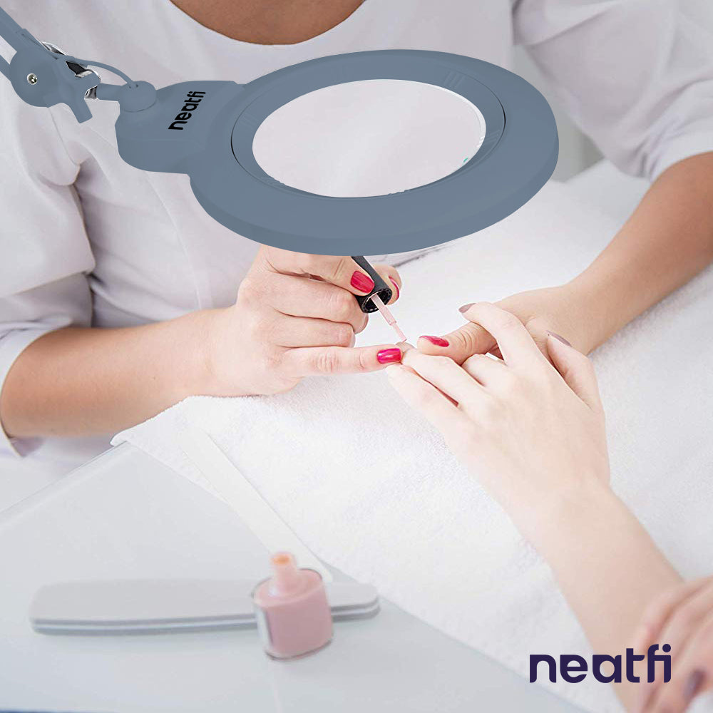 7” Wide Acrylic Lens LED Magnifying Lamp with Clamp – 1600 Lumens, Dimmable for Close Works, Gray