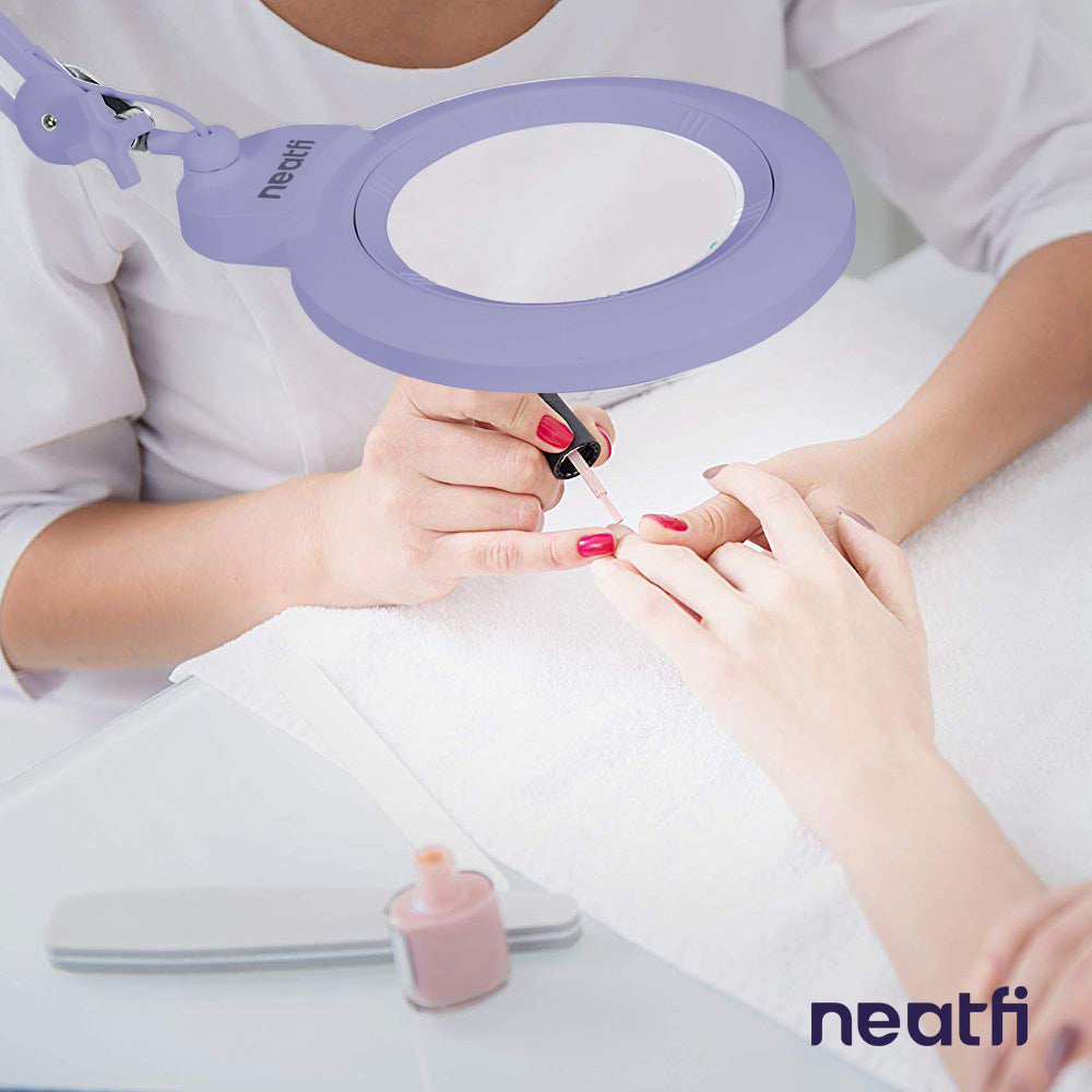 7” Wide Acrylic Lens LED Magnifying Lamp with Clamp – 1600 Lumens, Dimmable for Close Works, Lavender