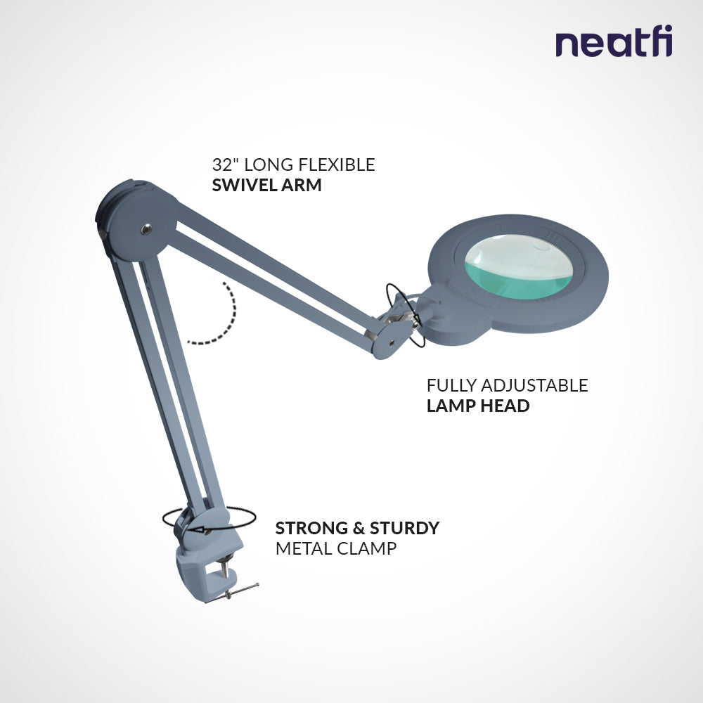 7” Wide Acrylic Lens LED Magnifying Lamp with Clamp – 1600 Lumens, Dimmable for Close Works, Gray