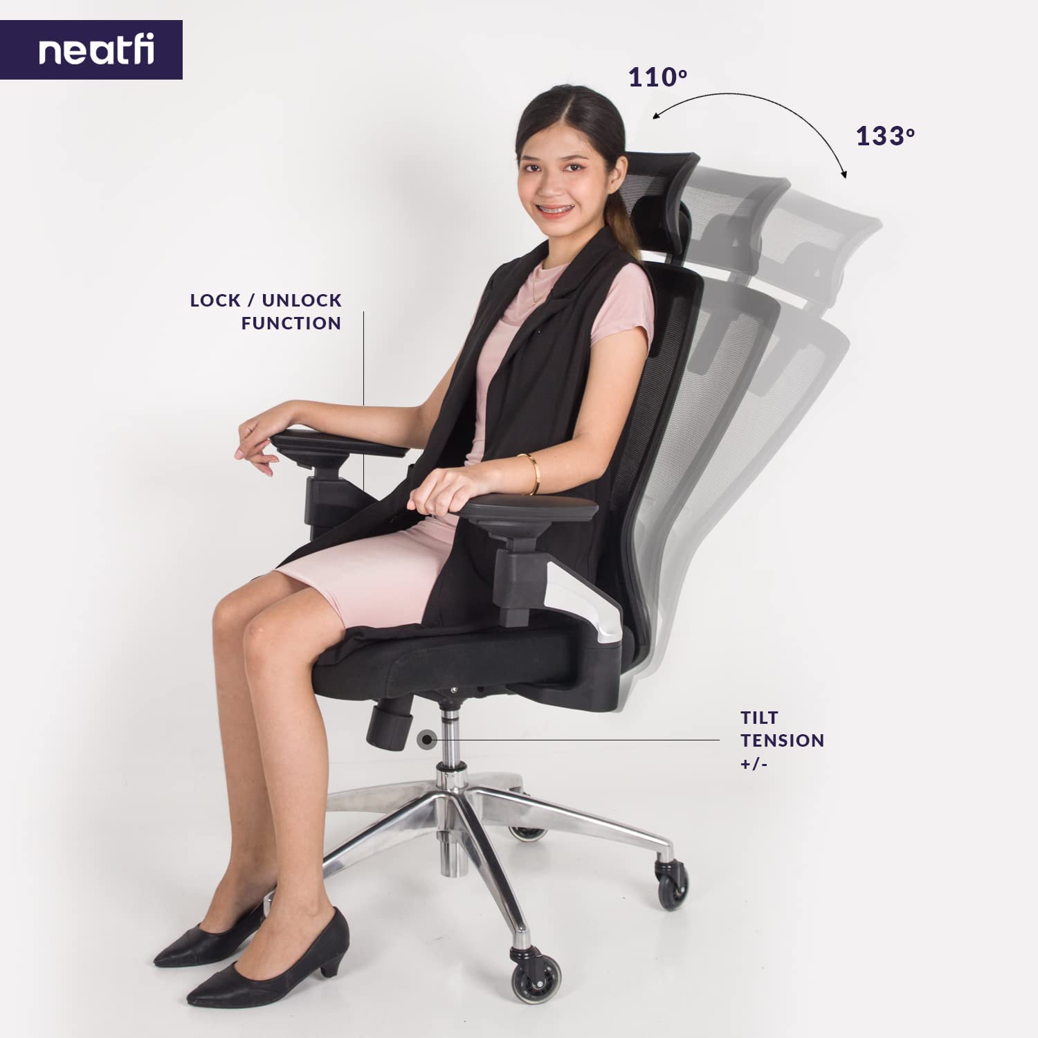 Zen Office Chair 4D Armrests, 2D Headrest, Lumbar Support and Seat Sliding, High Back Mesh Chair with Nylon Back Frame (Black)