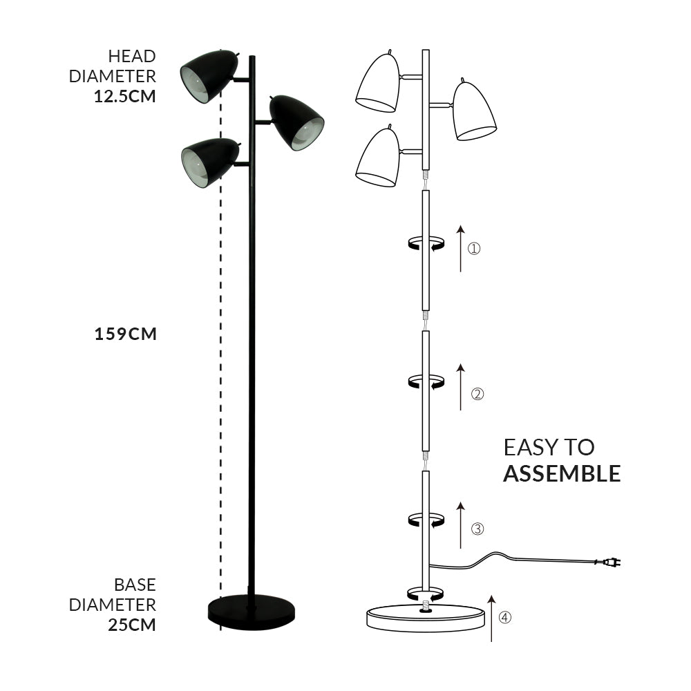 62.5" LED Tree Floor Lamp with 3 Adjustable Metal Lampshades - Black