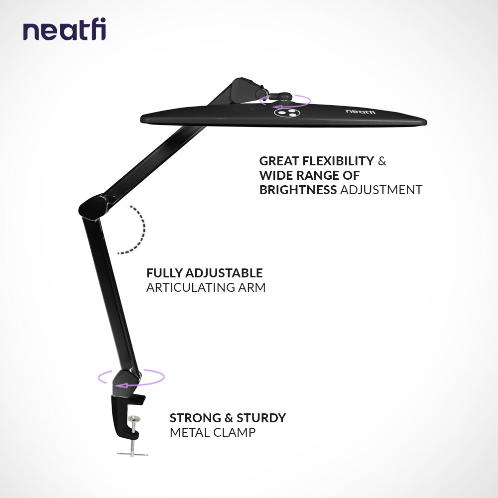 1600 Lumens LED Desk Lamp with Clamp – 22" Wide Shade, Adjustable & Non-Polar Dimming Light, Black
