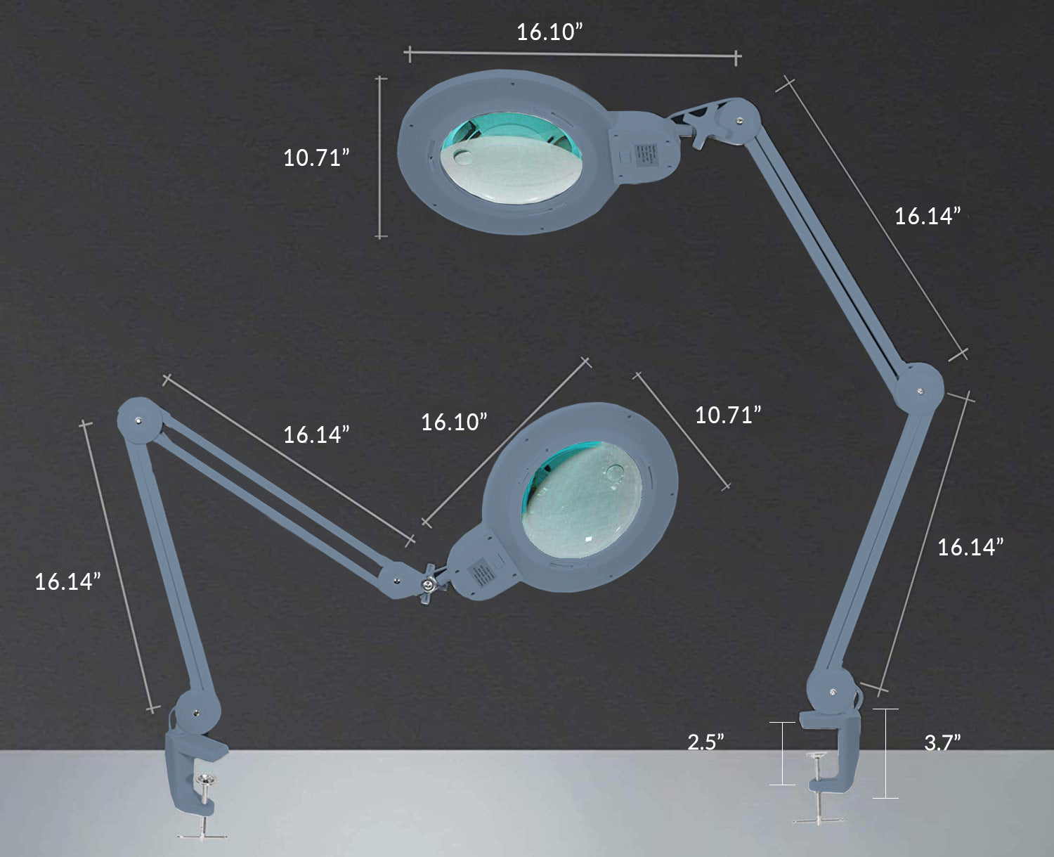 7” Wide Acrylic Lens LED Magnifying Lamp with Clamp – 1600 Lumens, Dimmable for Close Works, Gray