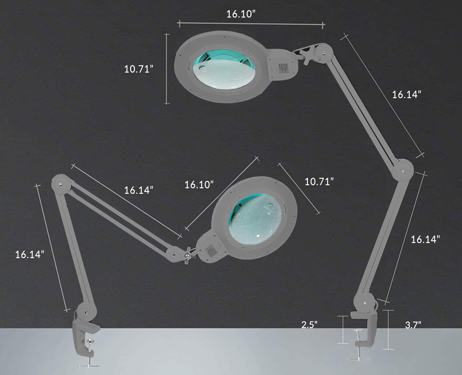 7” Wide Acrylic Lens LED Magnifying Lamp with Clamp – 1600 Lumens, Dimmable for Close Works, Silver