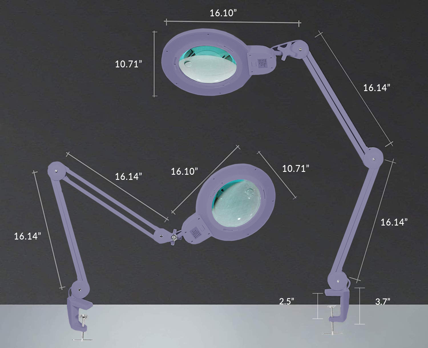 7” Wide Acrylic Lens LED Magnifying Lamp with Clamp – 1600 Lumens, Dimmable for Close Works, Lavender
