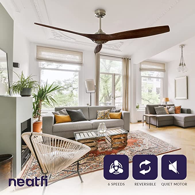 60-inch Reversible Ceiling Fan, 3 Solid Wood Blades, 6-Speed Setting, Downrod, Remote Control- Light Wood