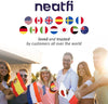 neatfi loved and trusted by customers all over the world, people holding different flags around the word